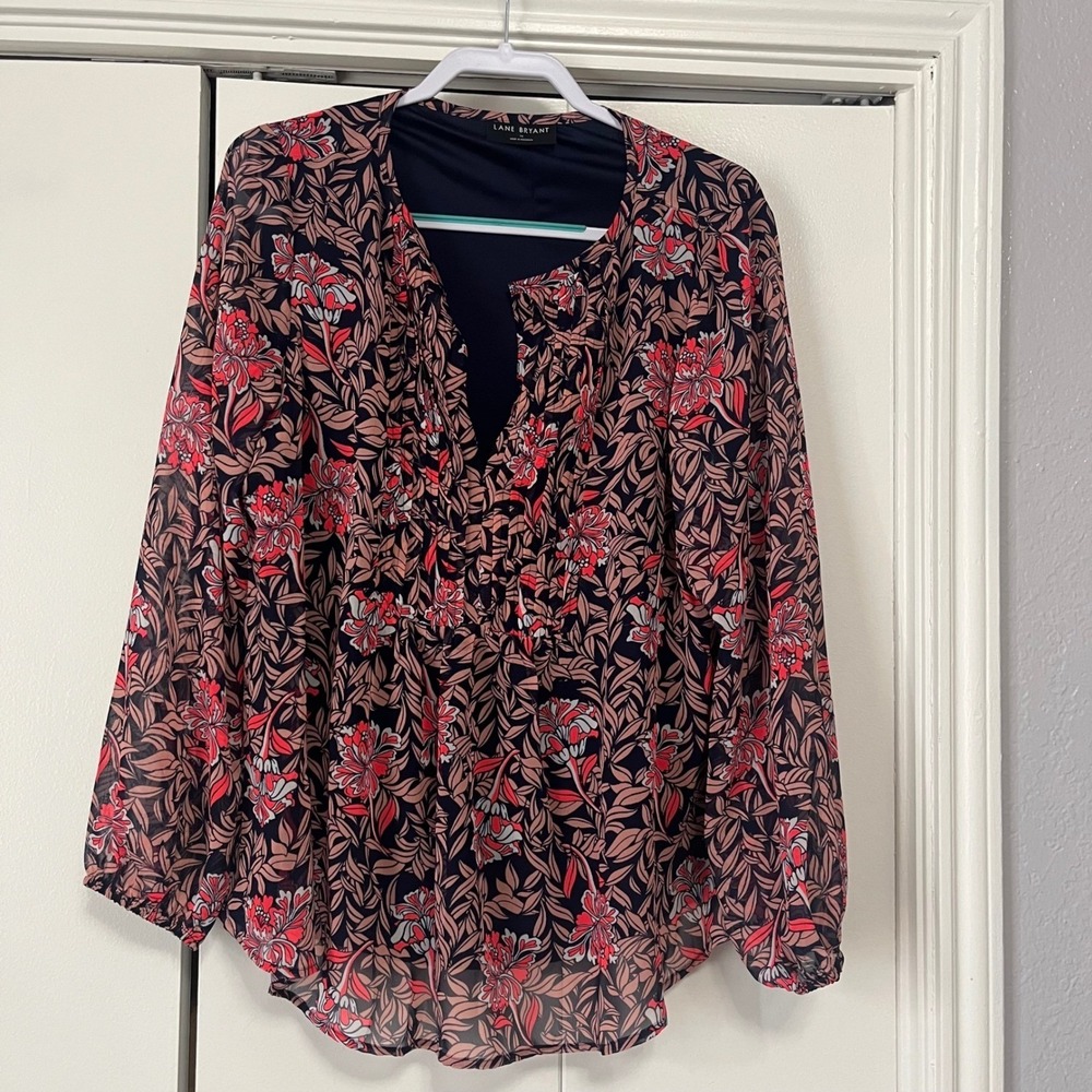 Lane Bryant Floral Leaf Print Pleated Split‎ Neck Blouse Red Navy Womens 14